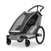 Vaikiška priekaba FUXTEC, sulankstoma, pilka, 1 vietos, su rankena ir diržais