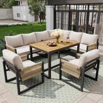 Lauko baldų komplektas su kampine sofa 7-8 asmenims, metalinis rėmas, medinės detalės