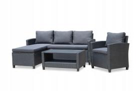 Lauko baldų komplektas: juodas kampinis sofa, fotelis, stalas, technoratanas