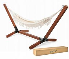 Sūpynės XL medinis rėmas, impregnuotas, 220 kg + boho stiliaus ecru hamakas