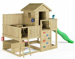 Medinis žaidimų namelis FUNGOO SQUARE TOYS su čiuožykla ir terasa