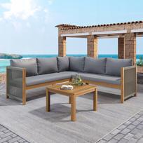 Lauko baldų komplektas: kampinė sofa ir kavos staliukas, akacijos mediena, pintas virvė