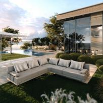 Sodo kampinė sofa Bahama L, pilka su juostelėmis, 298x298 cm