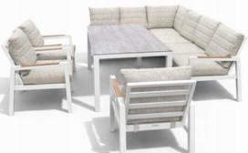 Sodo baldų komplektas: modulinė aliuminio kampinė sofa, 3 krėslai ir stalas, balta