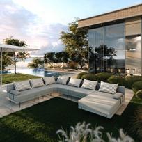 Sodo kampinė sofa Bahama XXL, pilkai dryžuota, 410 cm, U formos, kairinė pusė