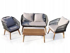 Sodo baldų komplektas, pilkas (virvė, akacija) – sofa, 2 foteliai ir staliukas