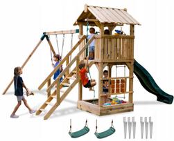 Vaikiška žaidimų namelis SQUARE TOYS su čiuožykla, 2 sūpuoklėmis ir smėlio dėže