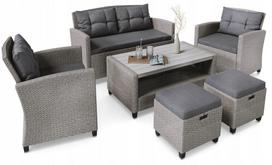 Sodo baldų komplektas: 6 vietų technoratano sofa, foteliai, stalas, pufas