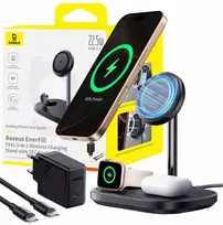 „Baseus“ įkroviklis „Baseus EnerFill FS41“ 3-in-1 indukcinis įkroviklis su aušinimo sistema, su ES kištuku (45 W) ir USB-C į USB-C kabeliu – juodos spalvos