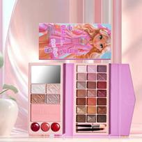 Multifunctional Makeup Tray Powder Puff Eyeshadow Palette Brush Including Eyeshadow Contouring Set Powder Lip Gloss for Beginners Complete Makeup Case A pink