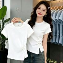 Summer short-sleeved T-shirt women's Korean slim-fit folds irregular and versatile solid-color women's new top s [recommended within 45kg days]