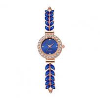 Slim Strap Ladies Quartz Watch Round Dial Leaf Design Women Quartz Watch Pull Adjustable Small Dial Rhinestone Watch Casual Wear mėlyna
