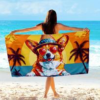 Corgi Beach Towel - Summer Vacation Dog Print, Tropical Sunset & Palm Tree Design, Soft Microfiber, Multiple Sizes 70x40cm