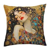 1Pc Gustav Klimt Style Golden Goddess Pillow Cover, Polyester 2D Double-Sided Print, Art Nouveau Woman Portrait, Art Lover Home Peach skin 18*18(CM)-1Pcs