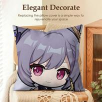 Keqing Cute Genshin Impact Cushion Cover Natural Linen Organic Fabric Double-Sided Printing Sofa Home Decor Gift Pillow Case Peach skin 18*18(CM)-1Pcs
