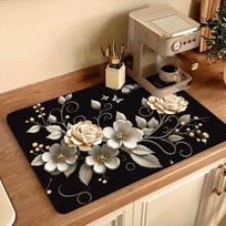 1Pcs Rubber Drying Mat With Rose Floral Print For Coffee Shop Restaurant Kitchen Carpet Tableware Durable Diatom Mud Table Mat Pet Mat Coffeeware 30*40cm brown