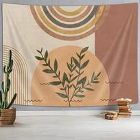 Mid Century Modern Abstract Art Wall Hanging Tapestry,Minimalist Sage Plant Sun Retro Boho Tapestry,Yellow White Brown Geometric 70x100CM