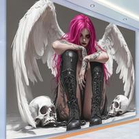 Pink Hair Angel With White Wings Skulls Tattooed Woman Wall Tapestry Gothic Art Decor Dark Aesthetic Home Interior Design 70x100CM