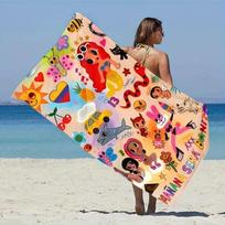 1pc Karol G  Mañana Será Bonito  Album Cover Beach Towel - Vibrant Cartoon Characters, Tropical Palm Trees & Clouds Design 100X50CM-39X19in