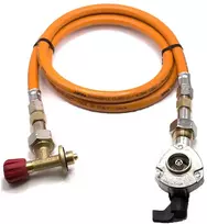 LPG aukšto slėgio oranžinė dujų žarna 1,5 m su 21 mm Clip-On adapteriu ir Campingaz 901 / 904 / 907 jungtimi