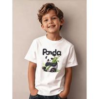 Boys Crewneck Short Sleeve T-Shirt, Black Cute Panda & Bamboo Rayon Print Trendy Casual Kids Tee 110 balta