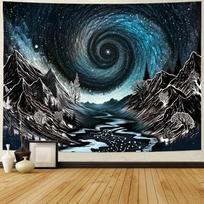 Black And White Mountain Tapestry Trippy Galaxy Stars Tapestries Magical Starry Night Tapestry Sketched Forest Trees  Hanging 70X100CM