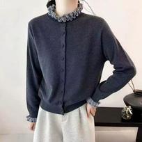 Fungus lace temperament knitted cardigan autumn and winter new lazy wind round neck contrasting sweater jacket top women average size pilka spalva