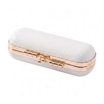 Kiss Lock Clasp Mini Ring Box Velvet Slots Lining Gold Metallic Trim Travel Jewelry Case Cylinder Round Shape Luxury Style Look smėlis