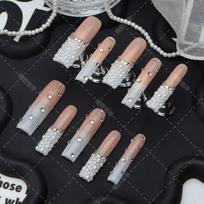 Premium Press-On Nails With Pearl Rhinestone Accents Gradient White Nude A2197 Long Style Handcrafted Acrylic Bridal L Includes 3-piece nail art tool kit