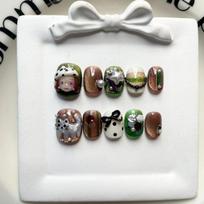 Hand-Painted Press-On Nails Short Square Cat Eye Design Cute Kawaii Style Wearable Nail Tips Women Extra Small