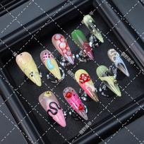 Press-On Nails With Mushroom Snake Print Bubbles Design Long Shape Removable Acrylic Nail Tips Women Sweet Edgy Cute Style L Includes 3 sets of nail art tools