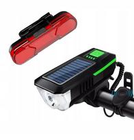 Dviračio LED žibintų rinkinys su saulės USB įkrovimu, signalu ir galiniu žibintu
