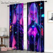 2pcs, Curtain Set 2D plane printing Vibrant Cyberpunk Anime Girl Durable 100% Polyester Fabric (without rod) Holiday Ldeal for 60×150cm