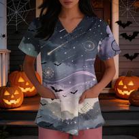 Women's Loose Fit Halloween Costume Dress with V-Neck Side Slit Short Sleeve Printed XL mėlyna