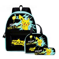 (Black+Green) Pokémon Pikachu Backpack Lunch Bag Pencil Case Set Kids Student Bag juoda