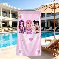 K-Pop Chibi Girls Pink Beach Towel, Cute Cartoon Hearts Print, Quick Dry Bath Towel 50x100cm