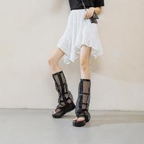 Fashion 6cm New Air Mesh Hollow Platform Wedge Sandals Mid Calf Knee High Boots Fashion Ladies Breathable Summer Flip Flops Shoes 34 juoda