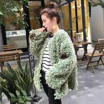 Winter Green Sheep Curly Fur Crew Neck Fluffy Jacket Loose Casual Irregular Printed Plush Top Women S žalia