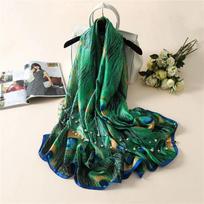 Naujausia Mielas Gyvūnas Žalias Povas Plunksnos Šilkinis Skara Šalikas Ispanija Prabangus Paplūdimio Bandanos Foulard Sjaal Apvyniojimas Hijabo Kepurės