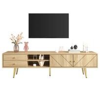 TV spintelė 160 cm, aukso kojos, 2 stalčiai, unikalios durelės
