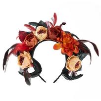 A52E Halloween Dark Rose Floral Sheep Horn Headpiece Elegant Gothic Hairband Decors