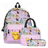 (Pink) Pikachu Backpack Lunch Bag Pencil Case Set Kids Student Pokemon Bag juoda