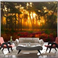 Forest Sunset Tapestry Wall Hanging, Sun Rays Through Trees And Colorful Flowers, Nature Landscape Home Decor For Living Room 70x100cm28x39in