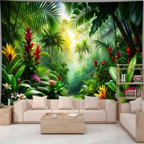 Tropical Rainforest Tapestry, Lush Jungle Plants And Colorful Flowers, Exotic Nature Wall Hanging For Living Room Bedroom 70x100cm28x39in