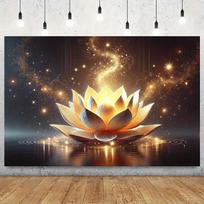 Spinduliuojanti lotoso gėlės sieninė gobelenas meditacijos erdvės dekoravimui, su nuostabiai detaliu spindinčiu auksiniu lotoso žiedu 100x150cm