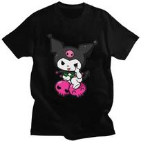 Vintage Kuromi Skull Cartoon Cat T Shirt Men Short Sleeves Soft Cotton T-shirt Streetwear Harajuku Leisure Tee Fashion Tshirts S juoda
