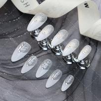 Handmade Press-On Nails White French Almond Shape With Rhinestones Line Design Women Halloween Party L Includes 3-piece set with nail application tools