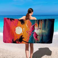 1Pc Tropical Flamingo Microfiber Beach Towel, Lightweight & Quick-Dry, Vibrant Sunset Design With Palm Trees & Ocean View 35x73cm