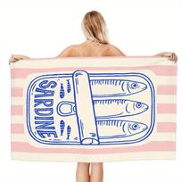 Sardine-Themed Microfiber Beach Towel - Lightweight Quick-Dry With Pink Stripes & Sardine Illustrations,Compact Bath & Beach 35x73cm