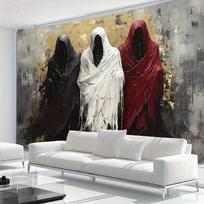 1Pc Grim Reaper Tapestry Wall Hanging - Peach Light Beige Fabric Art With Black White Red Golden Abstract Design, Horizontal Ind 100x70cm